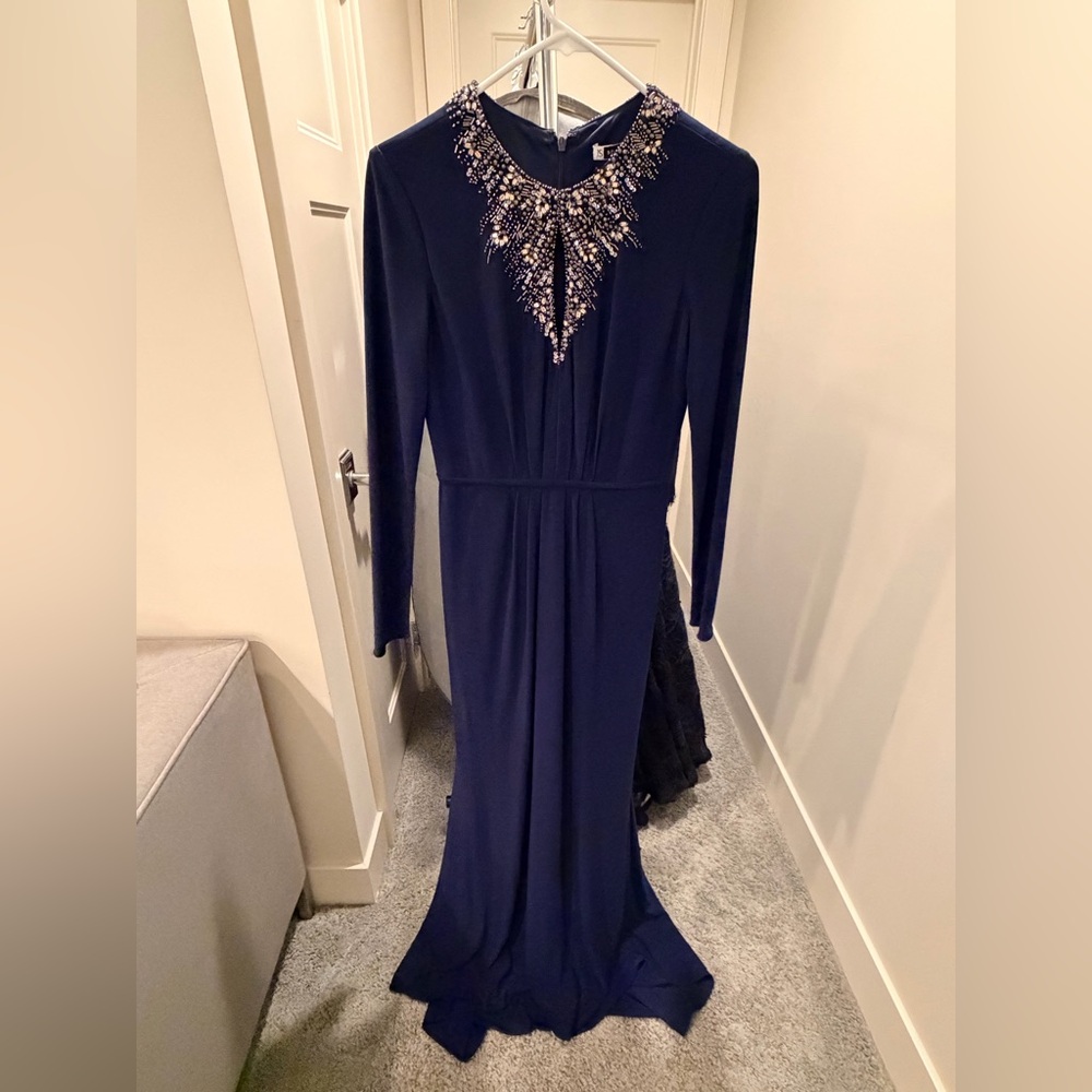 JS Boutique Navy Long Sleeve Gown with Embellishments